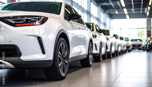 Row of white cars in showroom