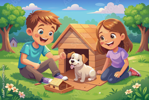 Brother and sister building a shelter for a stray puppy, smiling with pride