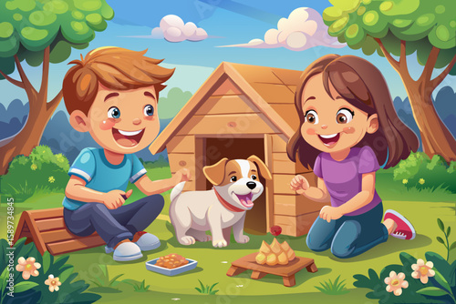 Brother and sister building a shelter for a stray puppy, smiling with pride