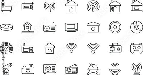 Collection of various outlined icons depicting household objects and communication related symbols seen above