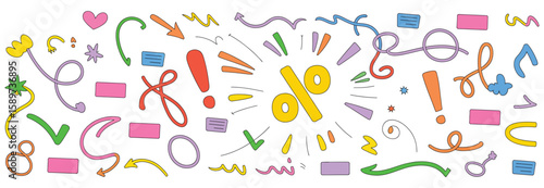 Vector art of a playful array of colorful doodles, including arrows, symbols, and shapes, creates a fun and decorative design