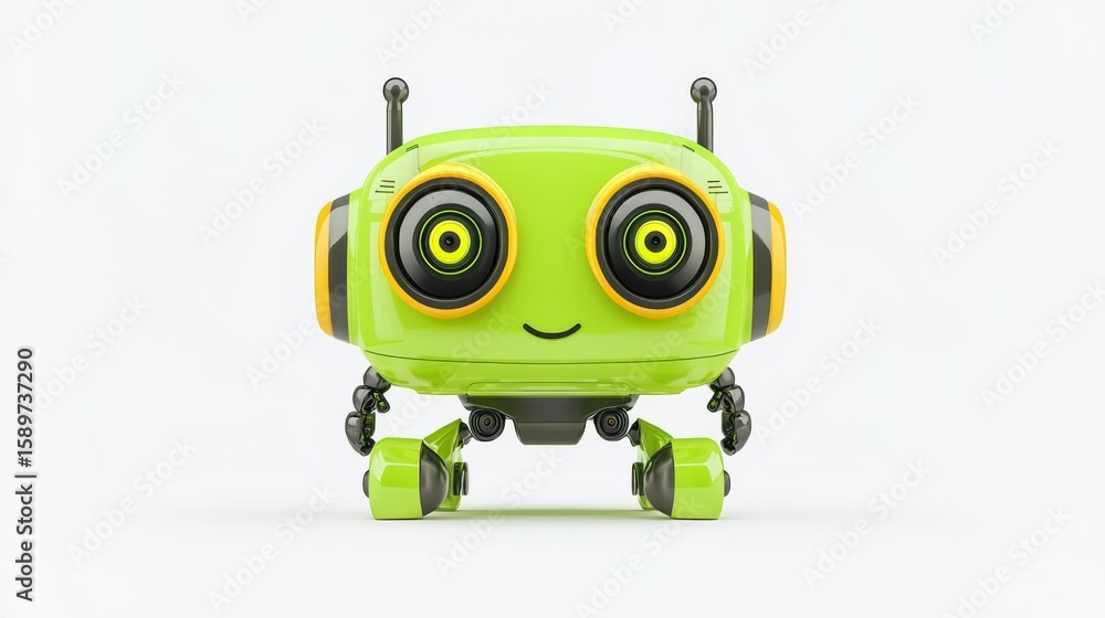 Fototapeta premium A cheerful green robot with large eyes and an engaging smile, showcasing a friendly and innovative design.