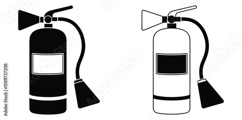 Vector art of two fire extinguishers, one black and one white, are isolated on white background, ready for emergency situations