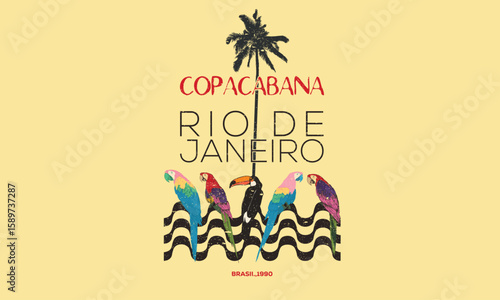 Amazing brasil. Copacabana beach art. Rio de janeiro. Summer vibes artwork. Tropical paradise. Macaw and toucan paradise artwork. Tropical vibes t shirt artwork.