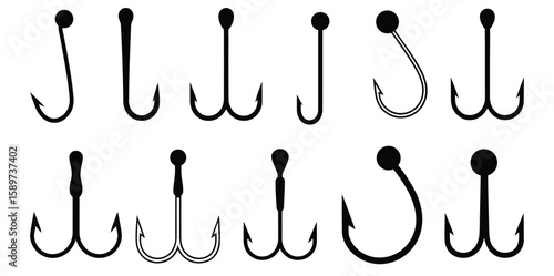 Vector art of a collection of fishing hooks in various shapes and sizes are displayed against a white backdrop