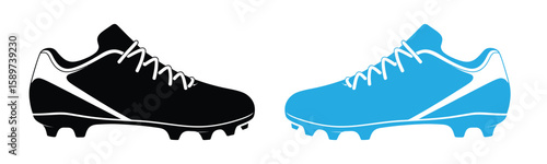 Vector art of a pair of cleats, one black and one blue, are isolated on white background, representing athletic footwear for sports like football or soccer