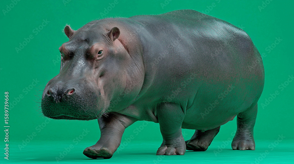 Fototapeta premium Majestic Hippopotamus Strolling on Green Background