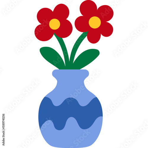Cartoon blue vase with wavy pattern and red flowers flat floral illustration