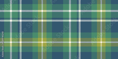 A seamless tartan plaid pattern in rich blue and green shades with yellow and white accents. Featuring a woven texture, this design is perfect for textiles, digital backgrounds