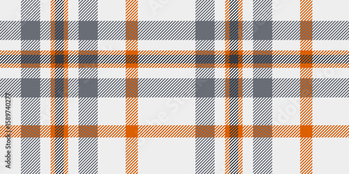 A striking tartan plaid pattern featuring bold grey and orange tones with sharp white accents, designed in a crisscrossed geometric layout perfect for modern textiles or decorative projects.