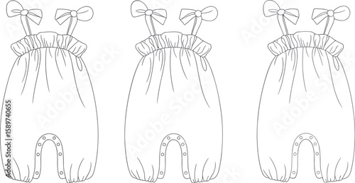 Adorable Baby Smocked Romper Flat Lay Design with Bow Shoulder Ties, Cute Infant Apparel Template, Blank Toddler Summer Outfit Fashion Sketch.