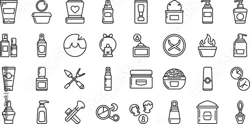 Assortment of outline beauty and cosmetic product icons arranged in a grid pattern on white background