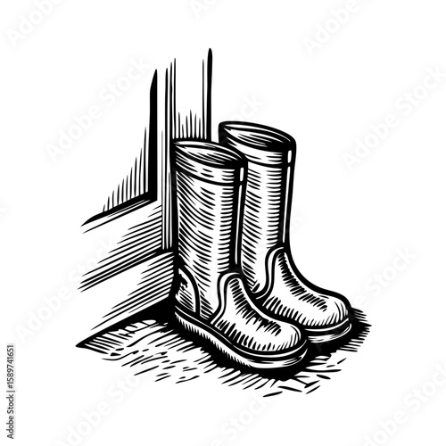 Garden boots by door on porch, hand-drawn engraving of rural footwear by doorway entrance. Engraved garden boots detail craftsmanship: hatch marks, fine line work, and tonal shading.