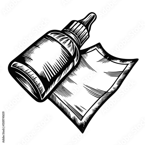 Glue bottle and paper shown in a hand-drawn engraving style. Glue bottle with small piece of paper showcases detailed linework and hatched shading, demonstrating graphic technique of engraving style.