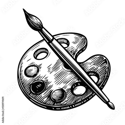 Paintbrush and palette on display in classic hand-drawn engraving. Paintbrush and palette are artistic tools, ready for artist to paint and create beautiful artworks.