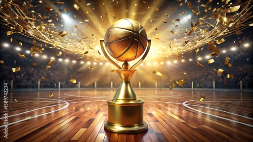 Golden basketball trophy gleams amidst falling confetti in a stadium