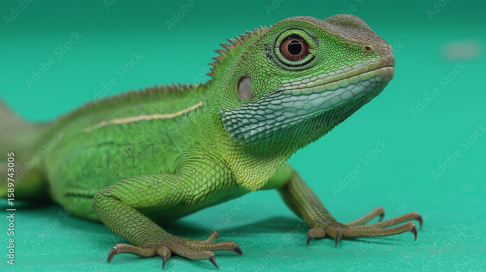 Fototapeta premium Green Lizard Close-up of a vibrant reptile with captivating details, set against a bright backdrop