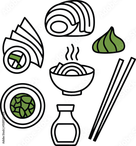 Stylized japanese food icons featuring sushi noodles wasabi and soy sauce