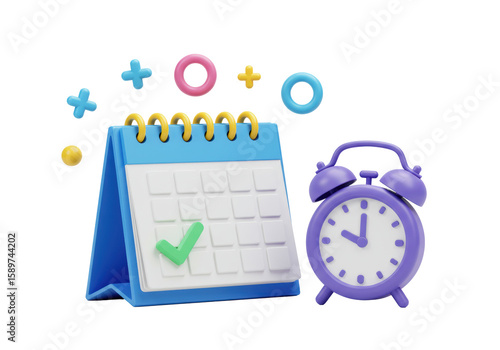 Modern minimalist desk calendar, bright blue heading, yellow binding, green checkmark, next to sleek deep purple alarm clock, with abstract shapes, against transparent background, soft studio