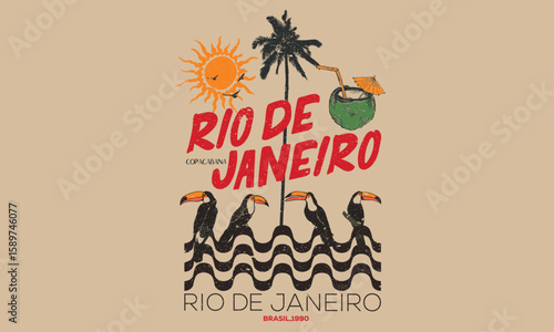 Toucan bird with coconut design. Palm tree artwork. Tropical paradise. Tropical vibes t shirt artwork. Amazing brasil. Copacabana beach art. Rio de janeiro. Summer vibes artwork. 