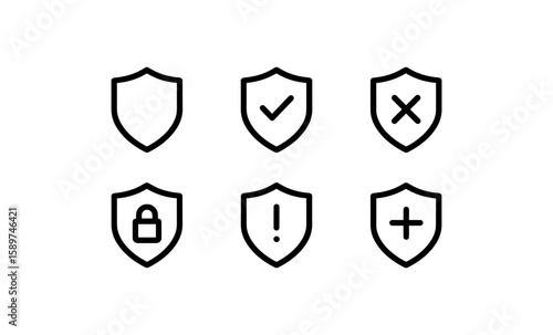 Set of minimal shield icons with security symbols in black outline style