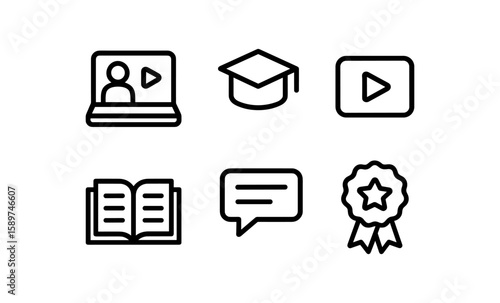 Online education icons: distance learning, video tutorials, academic achievement, certification