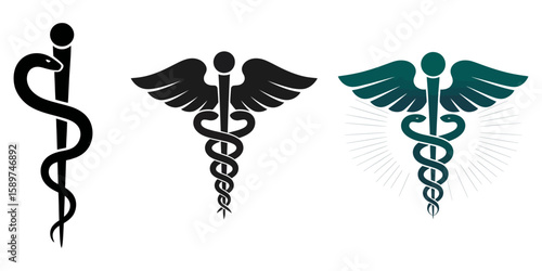 Medical symbol silhouette vector, Emergency Services Star With Rod Of Aesculapius Illustration - VECTOR, Black caduceus medical symbol with wings silhouette vector illustration, Black vector