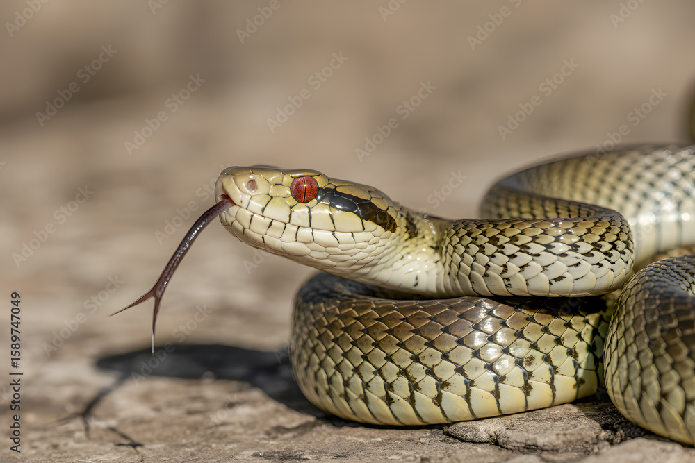 Obraz premium A snake is laying on the ground with its head down