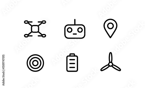 Drone technology icons set featuring remote, location, and battery in minimalist style