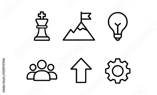Minimal line icons: strategy, goals, innovation, teamwork, growth, settings