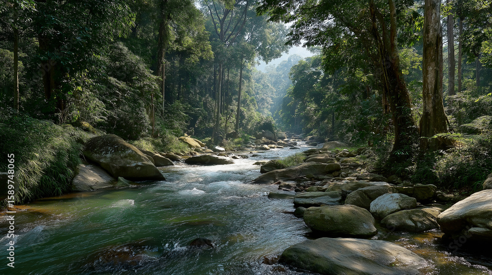 Obraz premium A tranquil river winds its way through a dense, sun-dappled tropical rainforest, flowing over smooth stones and boulders in a pristine wilderness