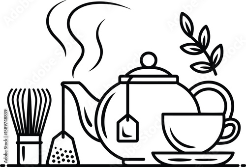 Stylized line art depicting a tea ceremony with whisk and teapot