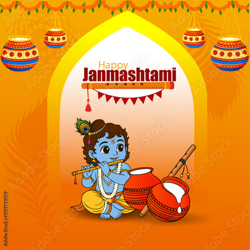  Krishna with Flute and Butter Pots Celebrating Happy Janmashtami