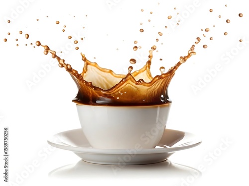 A cup of coffee overflows, creating a dynamic splash and scattering droplets, isolated on white background