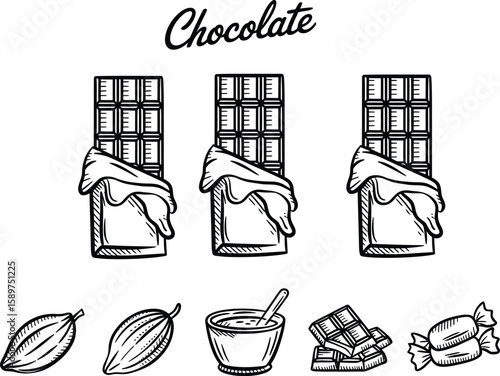 Hand drawn illustration of chocolate bars cacao pods and candies