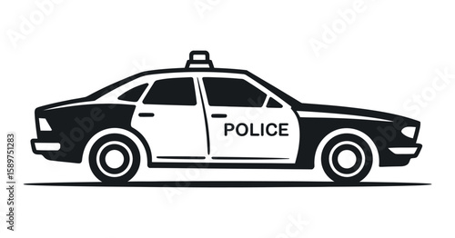 Monochrome Police Car Vector Illustration: A Detailed Depiction of Law Enforcement Vehicle in Black and White, Ideal for Graphic Design Projects and Educational Materials
