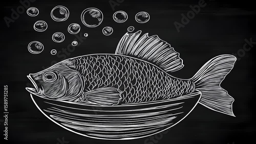 Fish in a dish, hand-drawn style