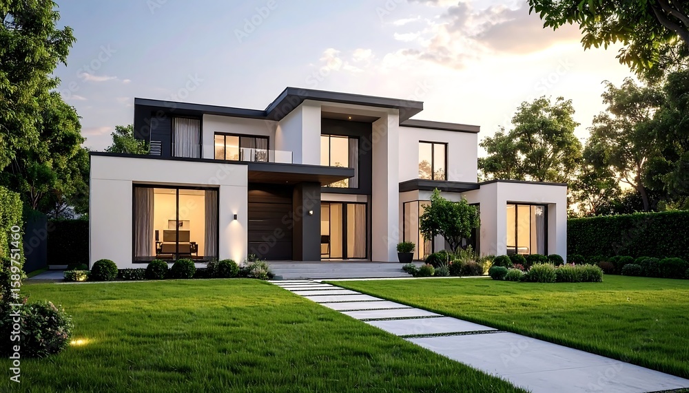 Fototapeta premium Modern house exterior in a lush garden at sunset