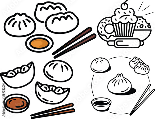 Stylized icons of asian dumplings and sweet treats with chopsticks