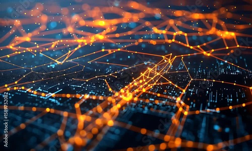 Abstract Digital Network With Glowing Orange And Blue Light Forming Geometric Grid Pattern