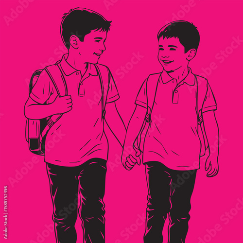 Two Boys Holding Hands School Kids Friendship Children Walking Silhouette Outline Art on Pink