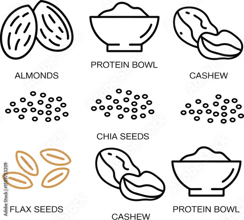 Healthy food icons almonds cashews chia seeds flax seeds and protein bowls