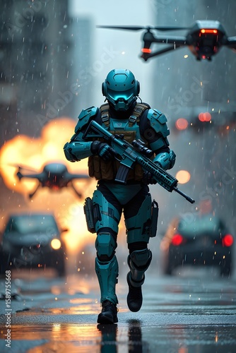 Futuristic soldier in armor running in city street with drone surveillance and urban warfare