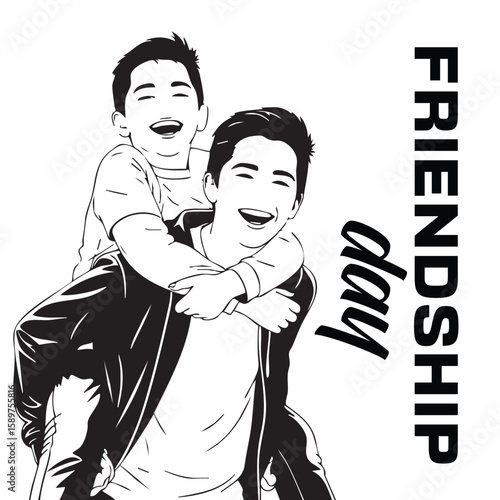 Friendship Day Celebration Brotherly Love and Joyful Moments in Black and White Silhouette Piggyback