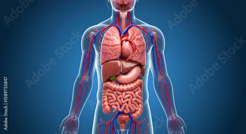 Human body anatomy illustration showing internal organs and circulatory system on blue background