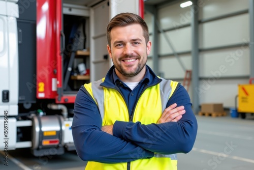 Smiling man wearing a safety vest standing in a warehouse  