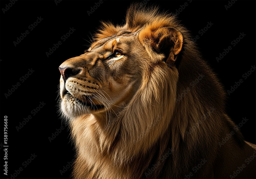 Fototapeta premium A lion, positioned slightly off-center to the left side of the image, is featured in a profile view