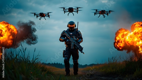 Futuristic soldier drones military technology warfare explosion armed combatant battlefield