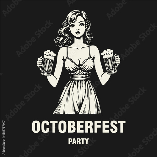 Black and white flat vector illustration of a smiling girl in a dirndl with deep neckline holding two beer mugs. Oktoberfest or International Beer Day themed design.