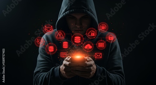 Person in a hooded sweatshirt holding a phone with red digital icons representing data security